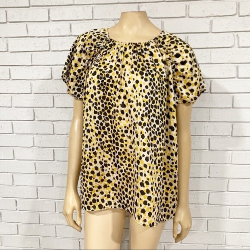Ann Taylor Yellow Black Animal Print Shirred Textured Blouse Excellent L
